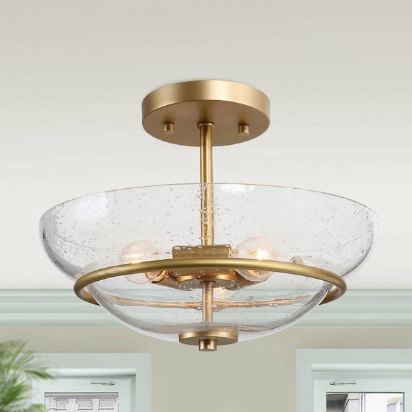 Laluz Gold Modern Semi Flush Mount Light 3 Light Brass Ceiling Lighting With Clear Seeded Glass