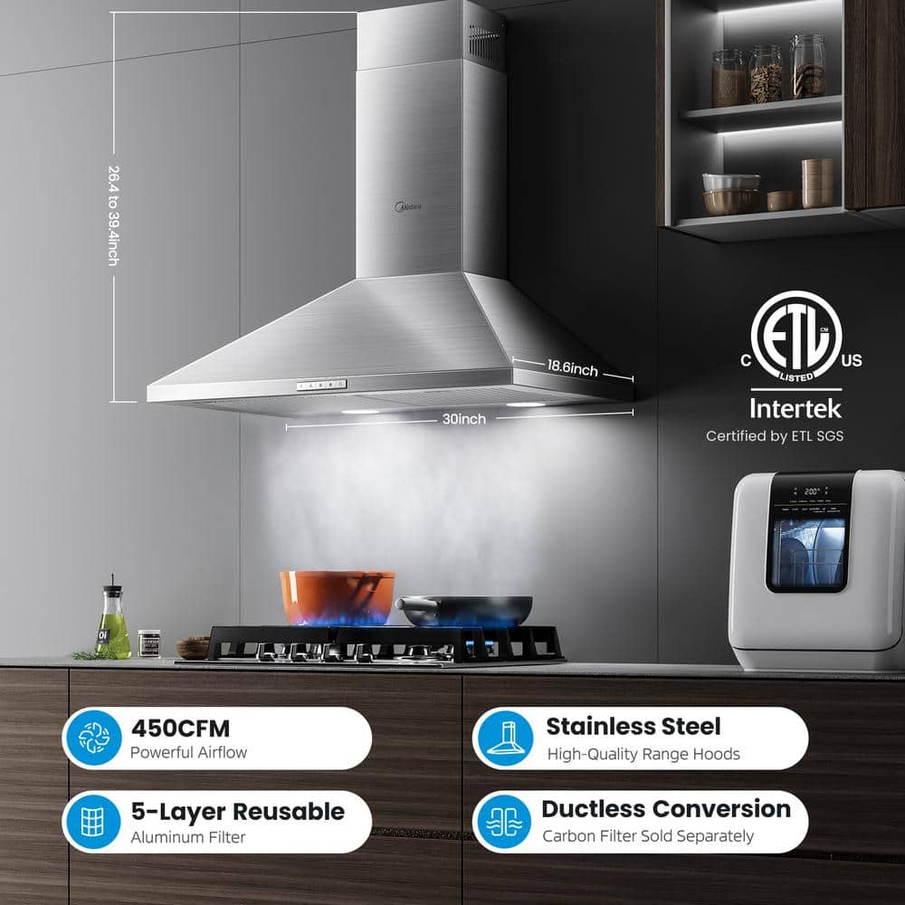 Midea 30-Inch Stainless Steel Convertible Wall Mounted Range Hood