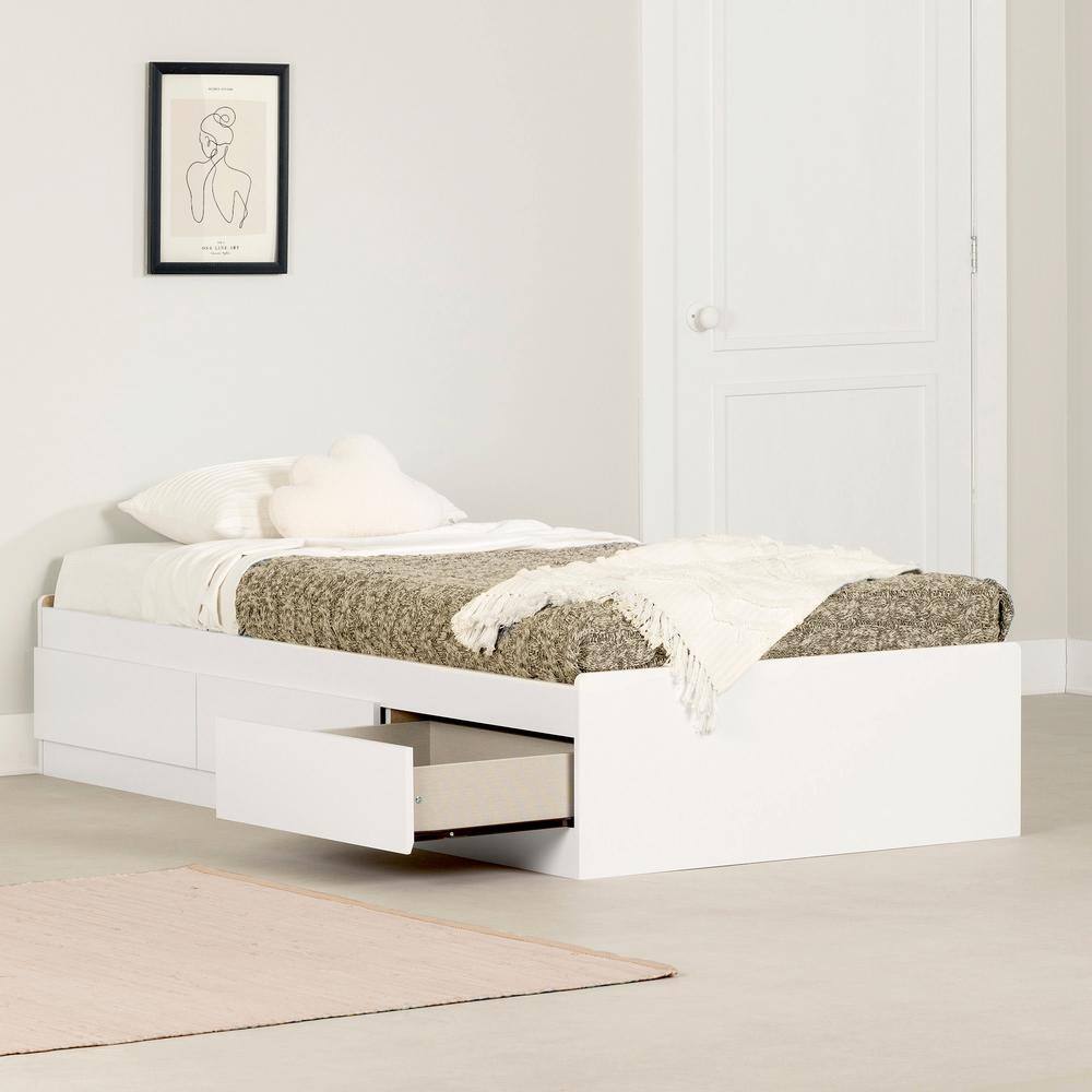 Pure White Twin Wood Frame Bed with 3 Storage Drawers