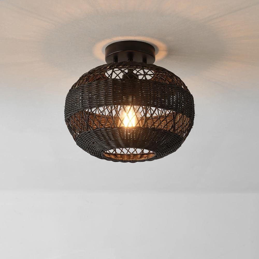 12 in. 1-Light Matte Black Farmhouse Semi-Flush Mount with Rattan Shade and No Bulbs Included price history on PriceWatchPro