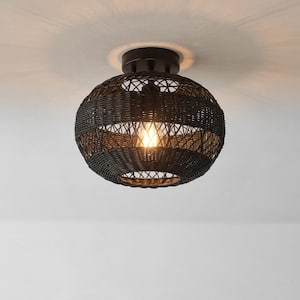 12 in. 1-Light Matte Black Farmhouse Semi-Flush Mount with Rattan Shade and No Bulbs Included