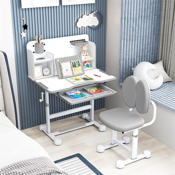 2-Piece Rectangle Wood Top Gray Kid's Study Desk and Chair Set with Tilt Desktop, Pen Holder and Tray, Reading Stand