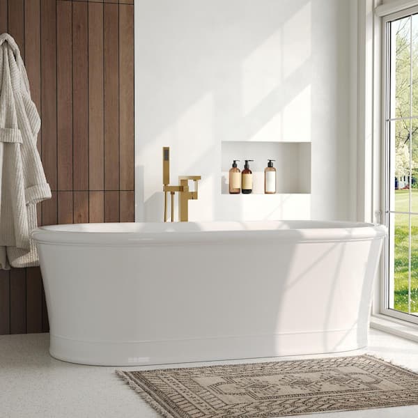 Double Handles Floor Mounted Free Standing Tub Faucets with Hand Shower in Brushed Gold (Valve Included)