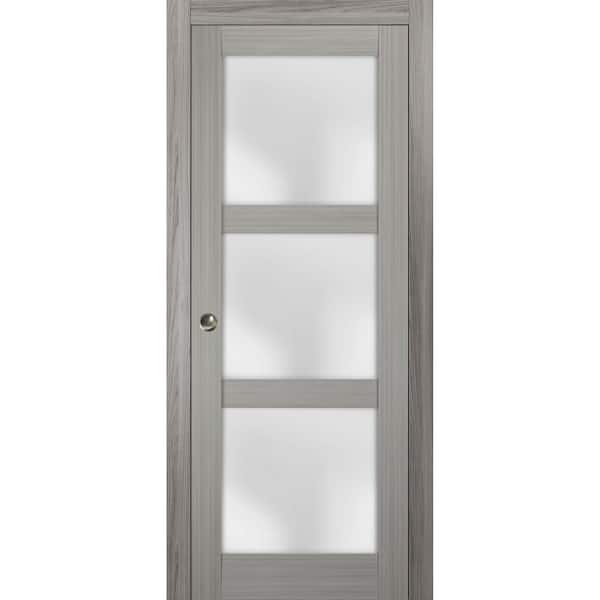 Sartodoors 2552 18 in. x 84 in. 3 Panel Gray Finished Pine Wood Sliding Door with Pocket Hardware