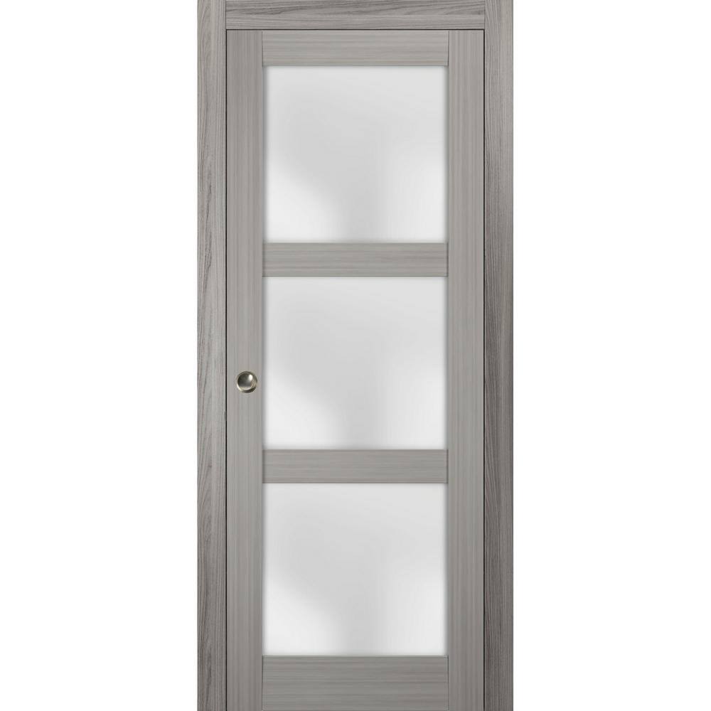 Lucia 2552 Grey Ash 30 x 84 Inch 3-Panel Sliding Pocket Door with Frosted Glass