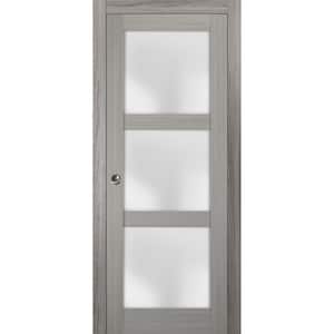 2552 32 in. x 80 in. 3 Panel Gray Finished Pine Wood Sliding Door With Pocket Hardware