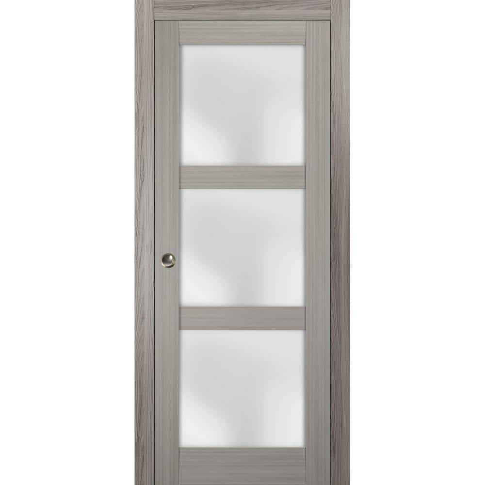 Grey Ash 32 x 84 Inch 3-Panel Frosted Glass Pocket Door