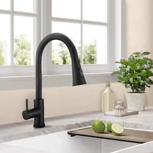 High-arch Single Handle Gooseneck Pull Out Sprayer Kitchen Faucet in Matte Black