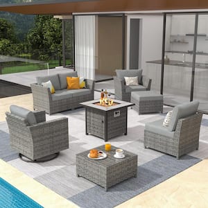Bexley Gray 8-Piece Wicker Fire Pit Patio Conversation Seating Set with Dark Gray Cushions and Swivel Chairs