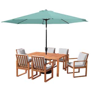 8 Piece Set, Weston Wood Outdoor Dining Table Set with 6 Cushioned Chairs, and 10-Foot Auto Tilt Umbrella Dusty Green