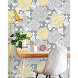 Retro Yellow And Gray Floral Vinyl Peel & Stick Wallpaper Roll (Covers 30.75 Sq. Ft.)