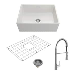 Contempo White Fireclay 27 in. Single Bowl Farmhouse Apron Front Kitchen Sink with Faucet