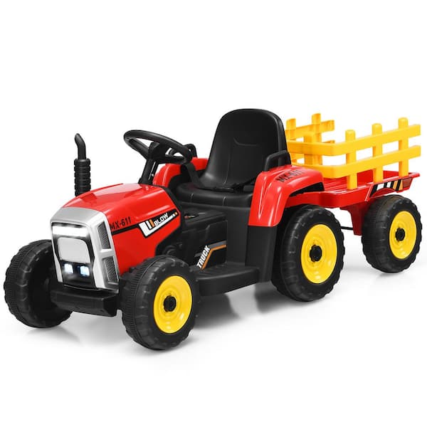 Costway 12-Volt Kids Ride-On Tractor with Trailer Ground Loader with RC and Lights in Red
