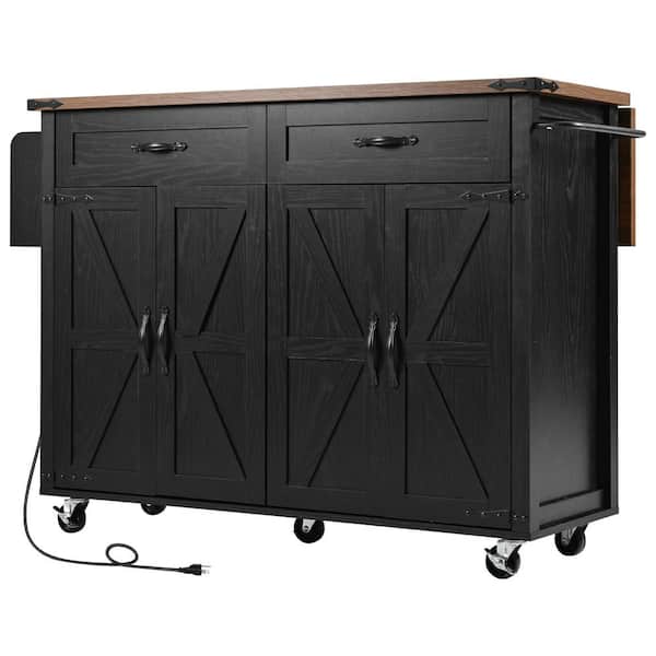 Tileon Black Wood 53.5 in. Kitchen Island Cart on Wheels with Drop Leaf, Spice Rack, Storage Drawers and Power Outlet