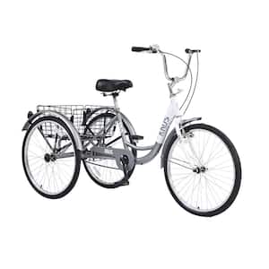 26 in. Adults Tricycle Trikes, steel Frame with Large Shopping Basket for Women and Men in Silver