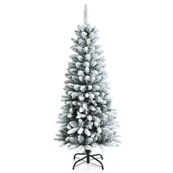 Costway 4.5 ft. White Unlit Snow-Flocked Slim Hinged Artificial Christmas Tree