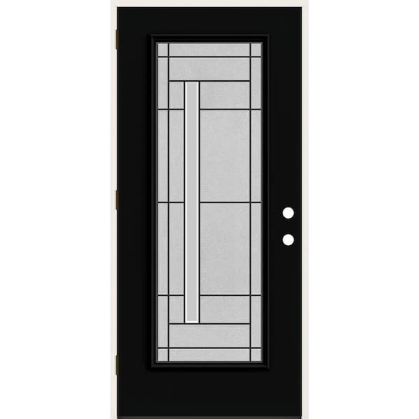 36 in. x 80 in. Right-Hand Full View Atherton Decorative Glass Black Fiberglass Prehung Front Door