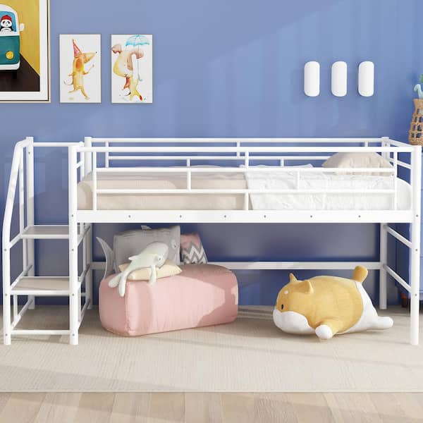 White Twin Size Mid Loft Bed with Storage Stairs
