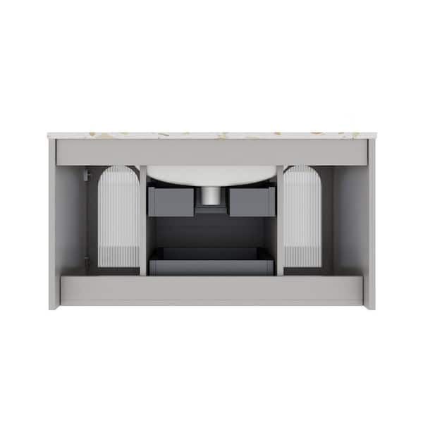 Zeus & Ruta 36 in. W Floating Bath Vanity in Gray with White Engineered Marble Top and 2-Drawers, Pre-Assembled
