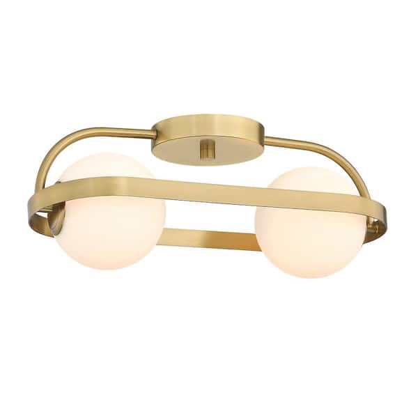 Utopia 19 in. 2-Light Brushed Gold Modern Entryway Semi-Flush Mount with Etched Glass Shades