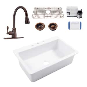 Jackson 33 in. 3-Hole Drop-in Single Bowl Crisp White Fireclay Kitchen Sink with Canton Faucet Kit