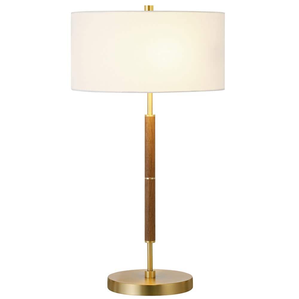 Rustic Oak & Brass Smart-Adjustable 2-Bulb Table Lamp