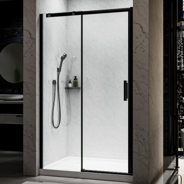 44-48 in. W x 74 in. H Sliding Semi Frameless Shower Door in Matte Black with 5/16 in. Tempered Clear Glass