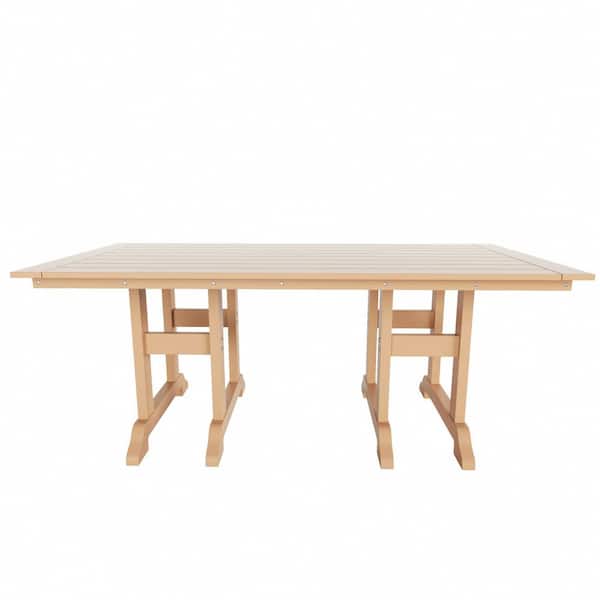 Hayes 71 in. All Weather HDPE Plastic Outdoor Dining Rectangle Trestle Table with Umbrella Hole in Teak