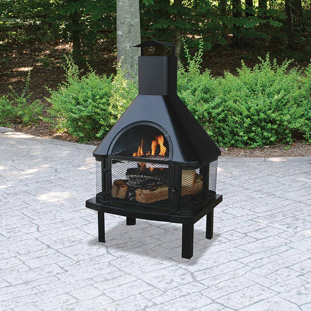 Black Steel Free-Standing Wood Burning Chimenea Fire Pit