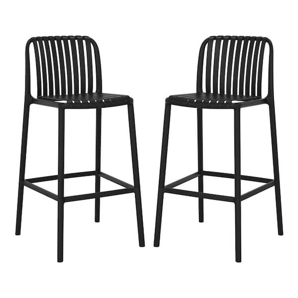 Frond and Form Modern Slatted Outdoor Patio Poly Plastic Stackable 29.5 in. Bar Stool (Set of 2), Black