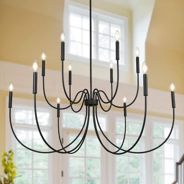 47.2 in. 12-Light Matte Black Large Island Candlestick Chandelier 2-Tier Hanging Light for Living Room Dining Room Foyer