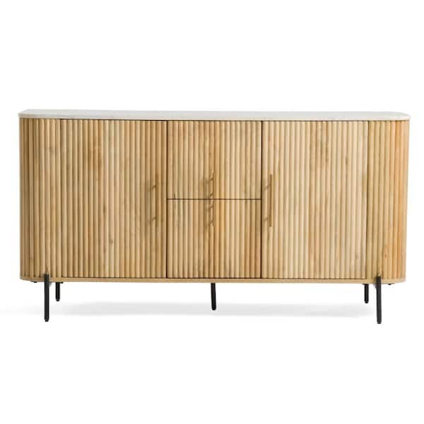 Cid Jolie Brown and White Reeded Mango Wood Sideboard Buffet Cabinet, with Marble Top and 4 Doors