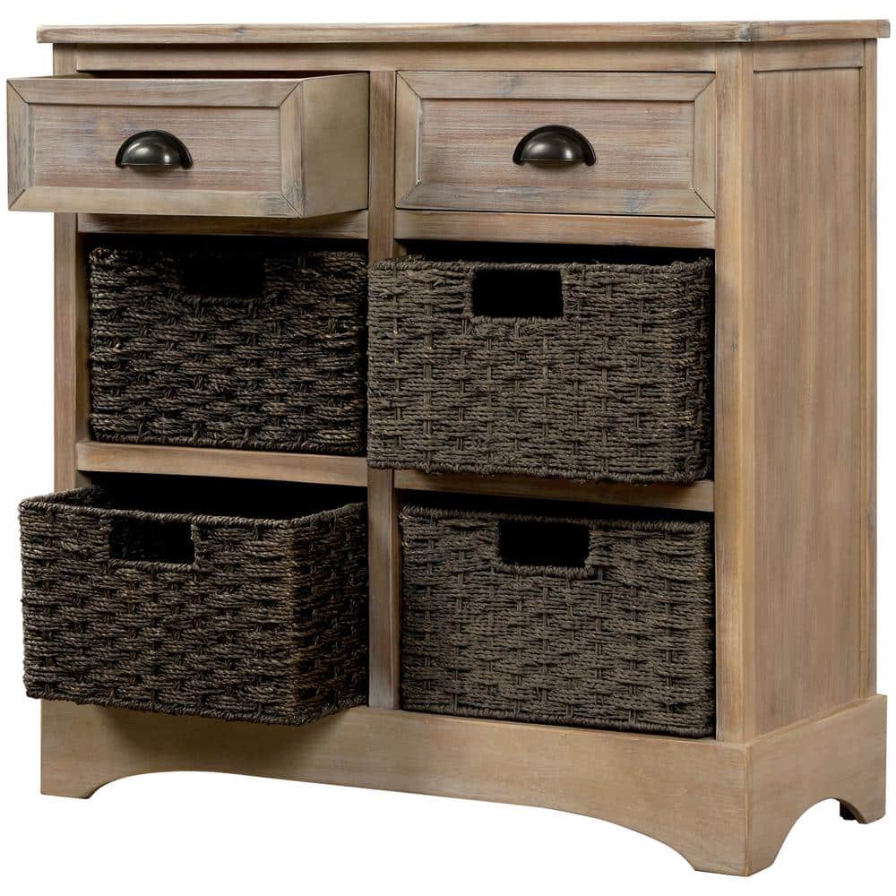 Whitewashed 28 in. H Rustic Storage Cabinet with 2-Drawers and Four Classic Rattan Basket for Dining Room Living Room