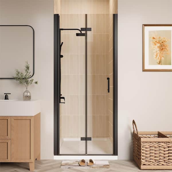 ONWITH 36 to 37 - 1/4 in. W x 72 in. H Bi-Fold Frameless Shower Doors in Black with Clear Glass