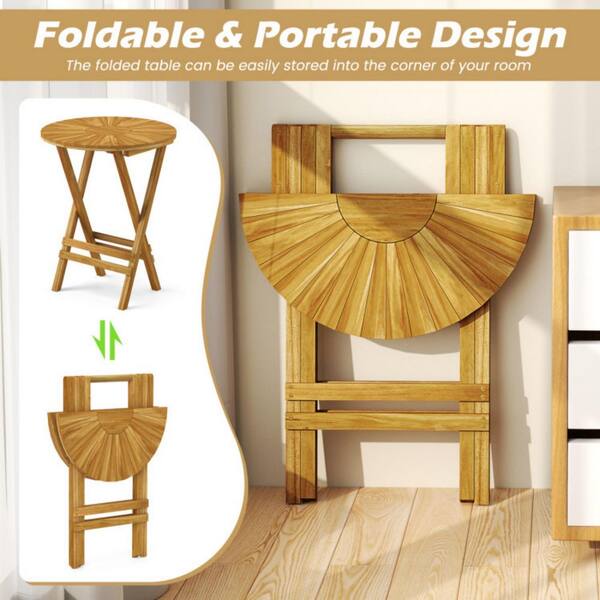 Kadehome 23.5 in. W Round Folding Teak Side Table Slatted Top