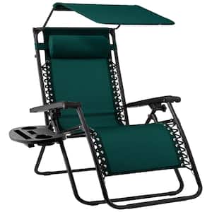 Zero Gravity Folding Reclining Forest Green Outdoor Lawn Chair with Canopy Shade, Headrest Tray