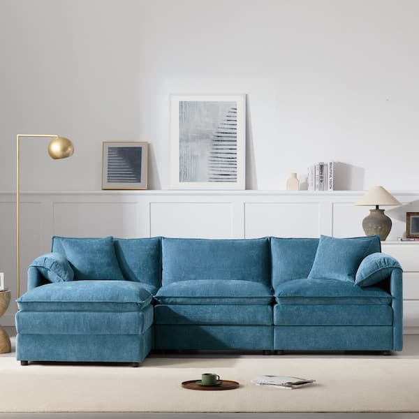 Orsino 103 in. L-Shaped Pillow Top Arms Chenille with Movable Ottoman Sectional Sofa in Blue