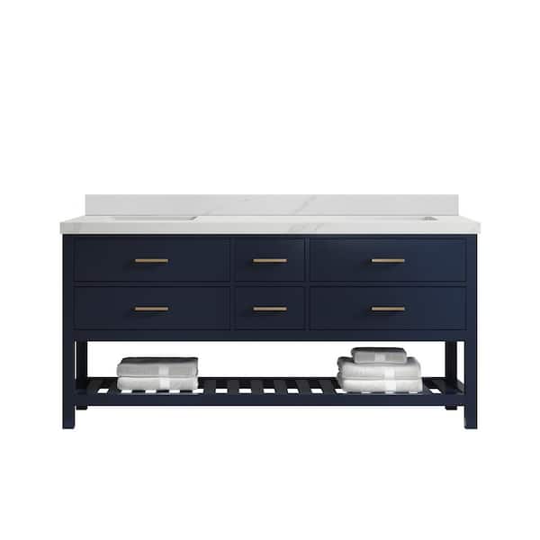 Willow Collections Parker 72 in. Double Sink Freestanding Navy Blue Bath Vanity with Calacatta Sienna Quartz Top Unassembled