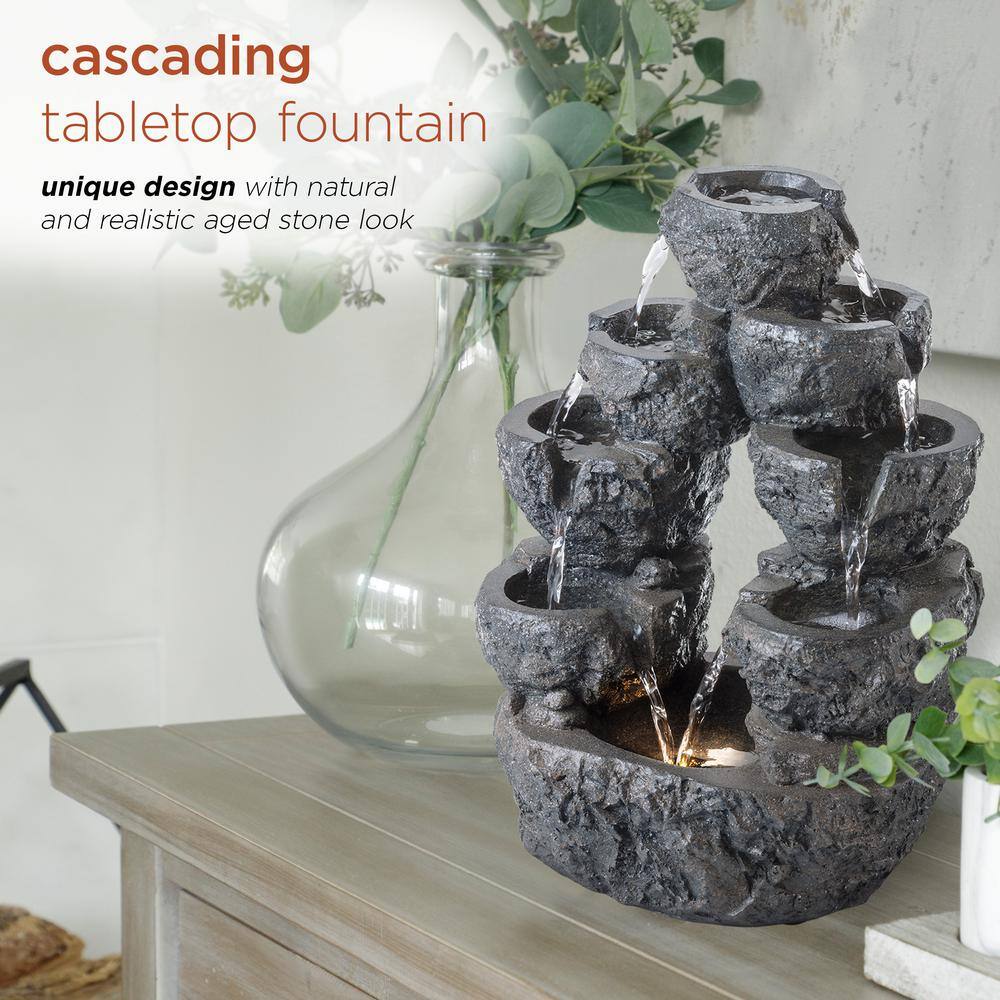 14" Gray Resin 5-Tier Cascading LED Waterfall Fountain
