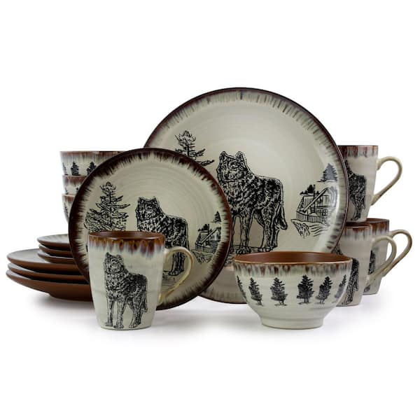 Elama Majestic Wolf 16-Piece Holiday Taupe Stoneware Dinnerware Set (Service for 4)