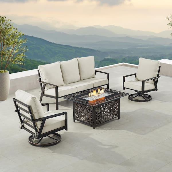 Black 5-Piece Aluminum Patio Fire Pit with Deep Seating Sofa and 2-Club Chairs Light Grey Cushions
