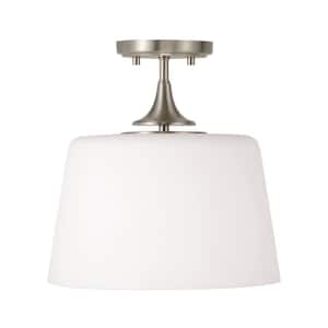 Presley 12 in. 1-Light Brushed Nickel Transitional Semi Flush Mount With Soft White Glass Shade and No Bulbs Included