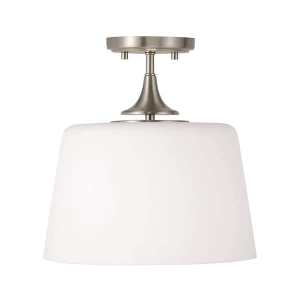 Presley 12 in. 1-Light Brushed Nickel Transitional Semi Flush Mount With Soft White Glass Shade and No Bulbs Included