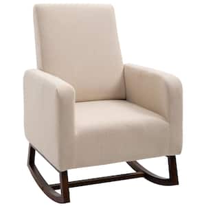 Modern Cream White Accent Lounge Rocking Chair with Solid Curved Wood Base and Linen Padded Seat