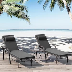 3-Piece Wicker Outdoor Folding Chaise Lounge with Table, Armrest and Cushion Black