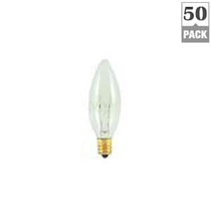 25-Watt Warm White Light B8 (E12) Candelabra Screw Base, Clear Dimmable Incandescent Light Bulb, 2700K (50-Pack)