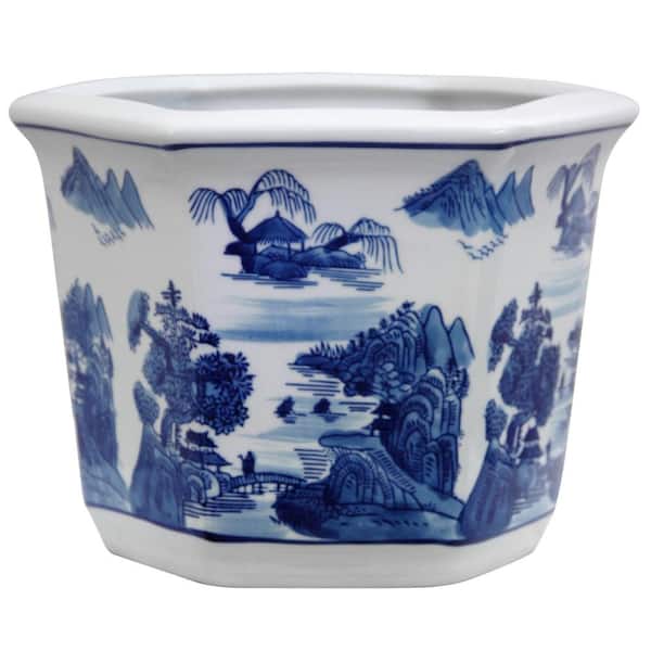 Oriental Furniture 10 in. Landscape Blue and White Porcelain Flower Pot