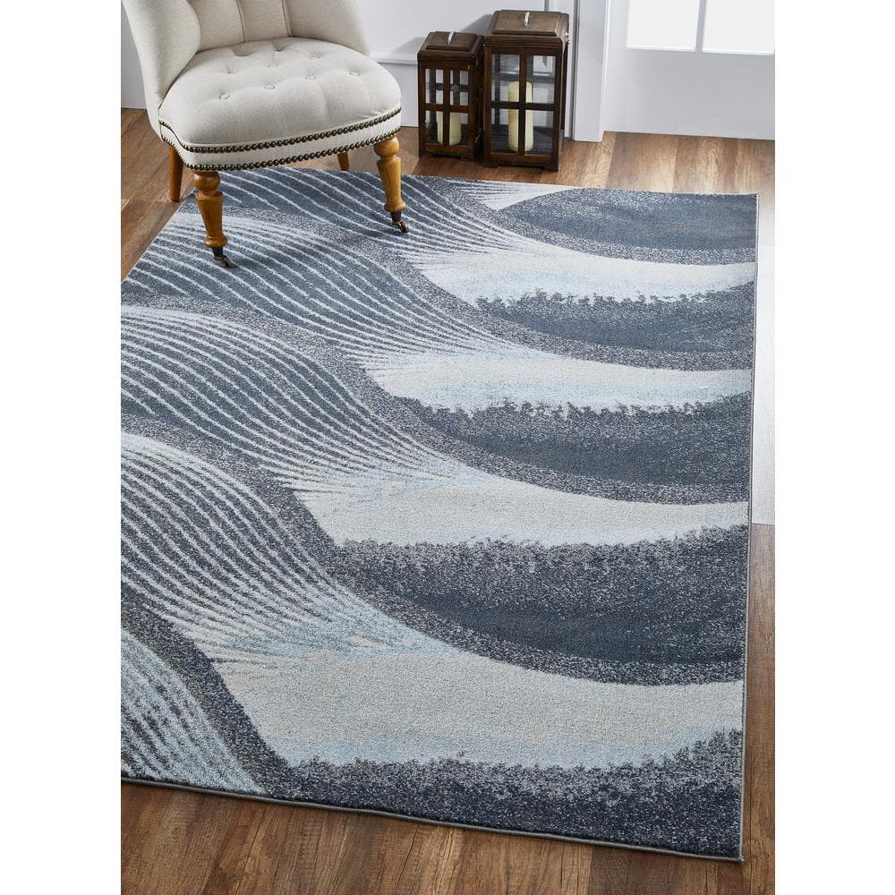 Large Gray and Blue Stain-Resistant Synthetic Area Rug