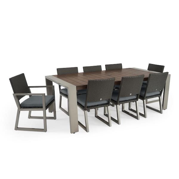 Milo Espresso 9-Piece Wicker Outdoor Dining Set with Sunbrella Charcoal Grey Cushions