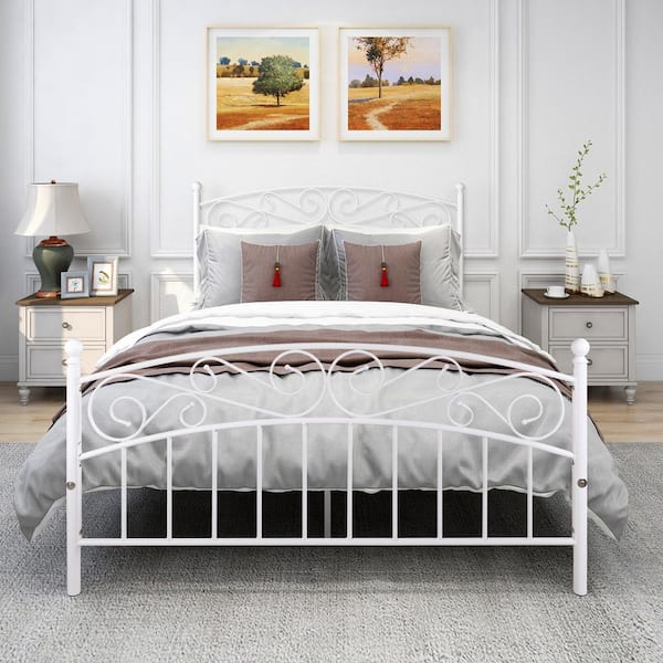White Queen Size Metal Bed Frame, Queen Bed Frame With Wood Headboard Heavy Duty Platform Metal Footboard